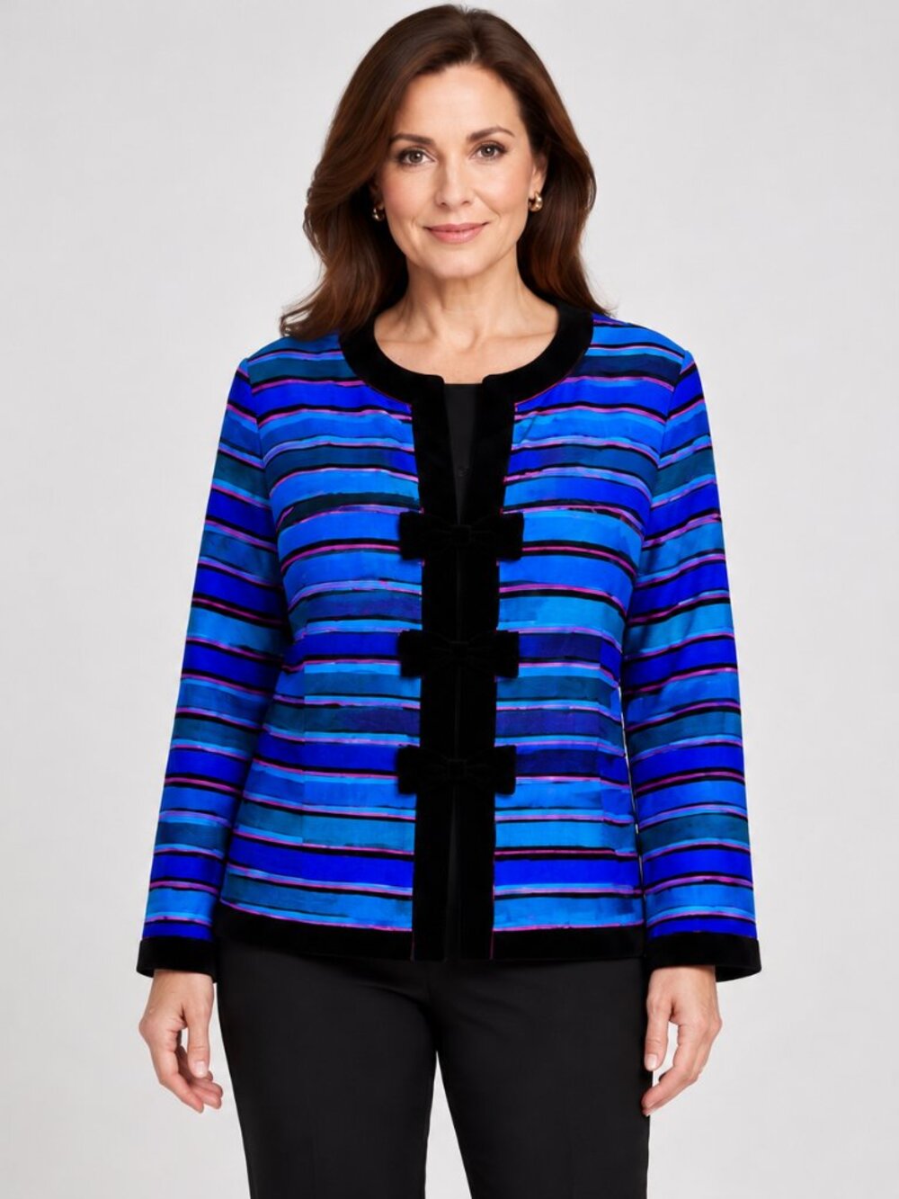 Adrianna Papell Silk Striped Bow Front Vintage Blazer Jacket Jewel Tones 14